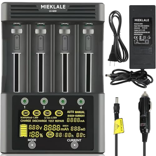 18650 Battery Charger, MIEKLALE 4-Bay 3A Fast Rechargeable Battery Charger with Smart LCD Display,Discharge & Testing Functions for Rechargeable Batteries Li-ion Ni-MH/Cd AA AAA18650 26650 21700