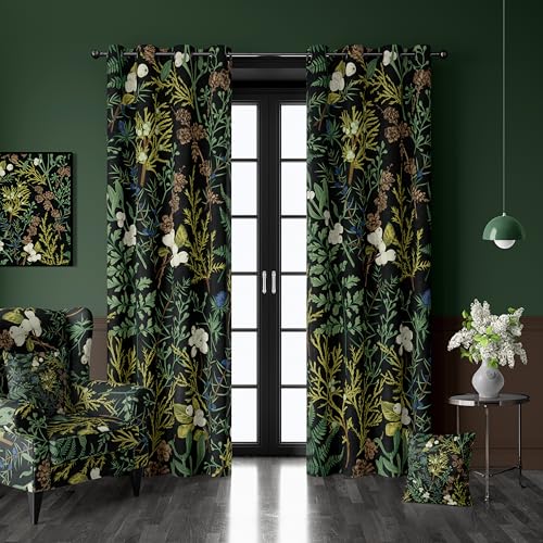 LADYVOGUE Botanical Curtains 100% Blackout 2 Panels Set Green Plant Black Out Curtain Black Floral Cottage Core Thermal Insulated Window Treatments Decor for Living Room Bedroom Curtain 52x84 Inch
