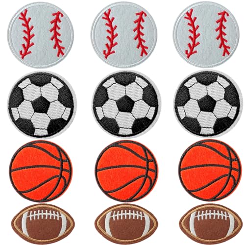 TACVEL 12 Pieces Sports Ball Patch, Iron on Basketball Football Baseball Soccer Rugby Patches Set, Sew On/Iron on Patch Applique for Clothes, Dress, Hat, Jeans, DIY Accessories
