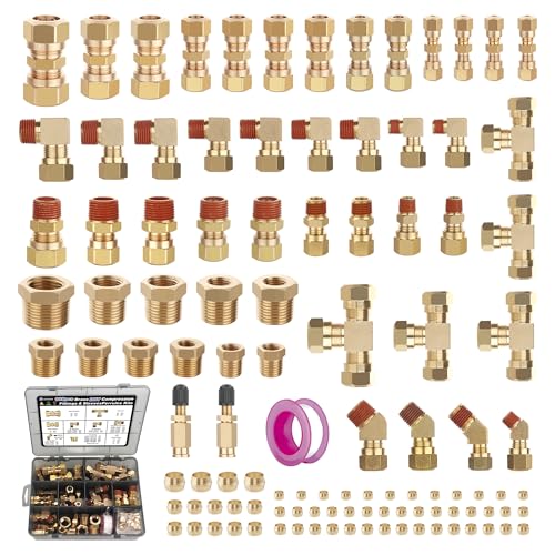 Ailbiuko 109Pcs Brass DOT Air Brake Line Fittings,1/4" 1/8" 3/8" 1/2" 5/8" Compression Air Nylon Tubing Fitting Assortment Repair Kits for Truck or Industrial Air System