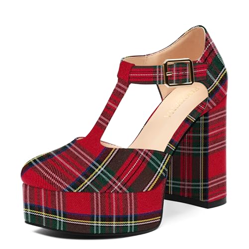 FOGEENA Red Plaid Platform Heels for Women Chunky Block High Heel Closed Square Toe 4.3 Inch T-Strap Mary Jane Pumps Casual Work Party Wedding Dress Shoes Size 7.5