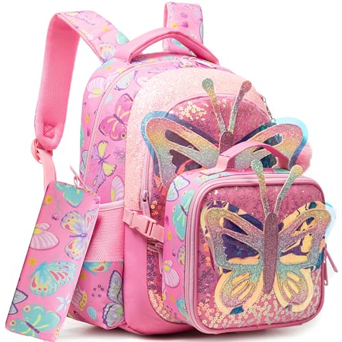 Meetbelify Backpacks for Girls School Backpacks with Lunch Box Pencil Case for Elementary Students Ages 8-10 Kids Travel Backpack 3 in 1 Backpack Set for Girls Butterfly