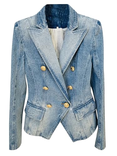 platlogy Women's 2025 Designer Jacket Slim Fitting Double Breasted Buttons Denim Blazer Coat Blue