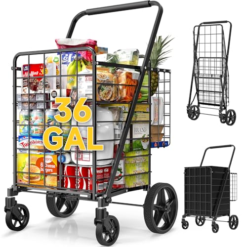 APILAB 36 GAL Shopping Cart for Groceries - Grocery Cart on 360° Swivel Big Strong Wheels, 350 Lbs Capacity, Folding Shopping Cart with Basket & Waterproof Liner - Heavy Duty Utility Cart for Laundry