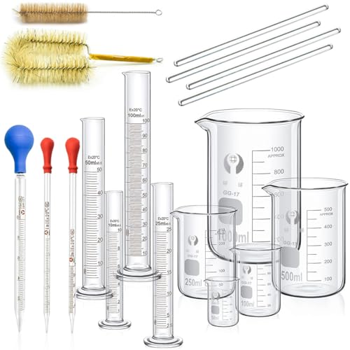 ZEEROQOLAB Lab Glassware Set, Beaker Glass Cylinder Pipettes Set, 5pcs Thick Glass Graduated Beaker, 4pcs Glass Measuring Cylinder with 4pcs Glass Stirring Rod and 2pcs Cleaning Brush