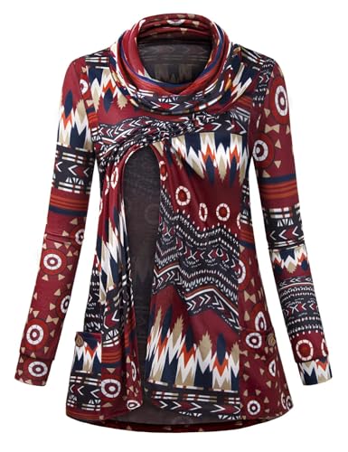 Joymom Breastfeeding Shirts for Women, Long Sleeve Nursing Tops, Heap Collar Maternity Tunic Irregular Hem Comfortable Pregnancy Clothes with Pocket Wine Floral Small