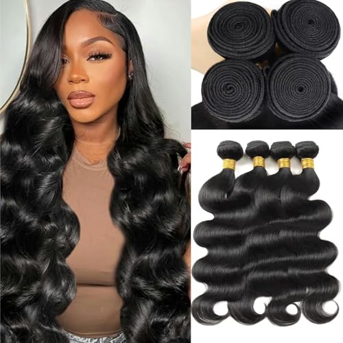 12A Human Hair Bundles 20 22 24 26 Inch Body Wave Bundles Human Hair 100% Unprocessed Brazilian Virgin Weave Bundles 4 Bundles Real Natural Black Wavy Human Hair Extensions 1B Bundles for Women