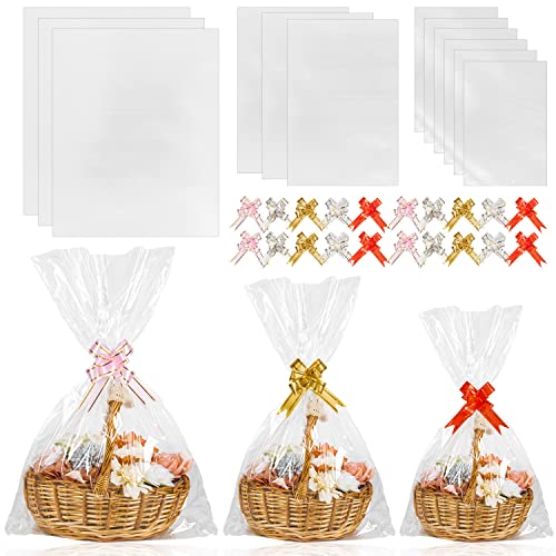 Labeol 50pcs Cellophane Bags 3 Sizes Cellophane Wrap for Gift Baskets 24x30 16x24 12x18 Large Clear Plastic Packaging Bags with 50 Pull Bows for Gift Wrapping