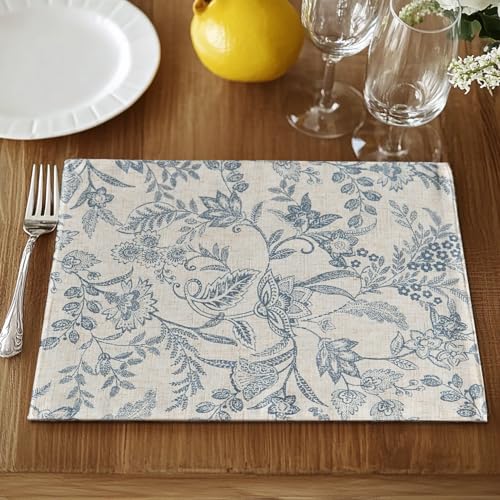 JINCHAN Linen Floral Fall Placemats Set of 4 Cloth Table Mats Rustic Cottagecore Botanical Outdoor Seasonal for Kitchen Dining Home Decor Holiday Non-Slip Washable Tablemats 13x19 Inch Blue