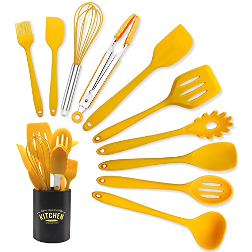 11 Piece Cooking Kitchen Utensils Set, Yellow Cooking Utensils Set, Non-Stick Silicone Spatula Set with Iron Utensils Holder, Silicone Kitchen Gadgets Utensil Set (Yellow)