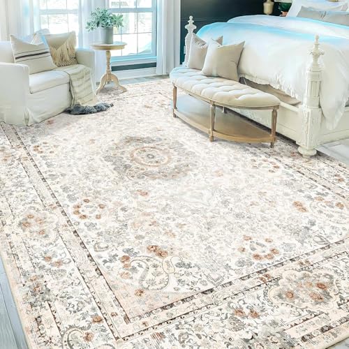 Castage 9x12 Area Rugs Washable,Boho Rug for Living Room Bedroom Dining Room,Large Vintage Bohemian Distressed Carpet Non Slip,Beige