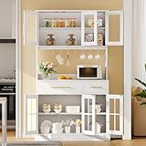 YITAHOME 71'' Kitchen Pantry Storage Cabinet with Microwave Stand, Tall Freestanding Hutch Cabinet with Power Outlet, Pantry Cabinet with Buffet Cupboard, Drawers and Acrylic Doors for Home, White