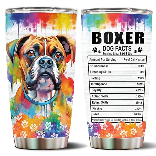 WONWIX Gifts for Boxer Lovers 20 Oz Stainless Steel Tumbler Travel Coffee Mug Birthday Christmas New Year Thanksgiving Easter Gift Ideas for Dog Lovers Owners Boxers Mom Funny Facts Water Bottle
