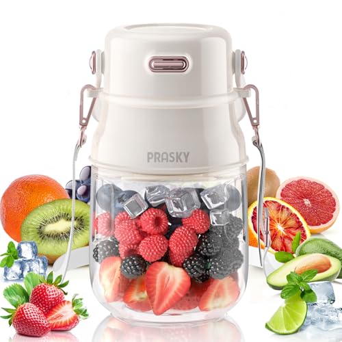 Portable Blender, PRASKY Personal Blenders for Shakes and Smoothies with 27oz Cup, Lid and Shoulder Strap, Type-C USB Rechargeable, Personal Size Blenders BPA-free for Gym/Travel/Kitchen (White)