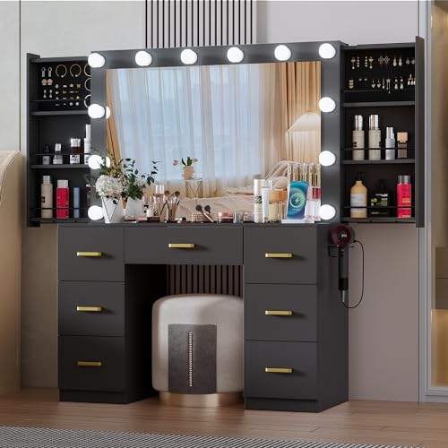 FURNJOYLIFE Black Makeup Vanity Desk with Lighted Mirror & Power Outlet,3 Color Modes, Brightness Adjustable,Vanity Table with Drawer,Sliding 2 Storage Wall-Mounted Jewelry,4 Shelves for Bedroom