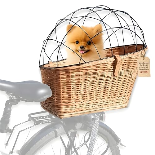 Wiklibox Natural Wicker Dog Bike Basket - 100% Organic Rattan Pet Carrier with Protective Grille - Eco Friendly Design - Soft Cotton Cushion & Mounting Bracket for Secure Bicycle Rear Luggage Rack