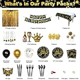 HJINGY Black and Gold Birthday Party Decorations, Happy Birthday Party Supplies for Men Women Includes Balloons, Curtains, Banner, Hanging Swirls, Tablecloth, Plates, Cake Toppers for Birthday Party