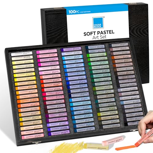 COLOUR BLOCK 100 Professional Grade Soft Pastels - Artist Chalk Set in Wooden Box - Colored Drawing Art Supplies Kit - Pastel Colors for Painting, Sketching - Vibrant Pigments for Adults, Beginners