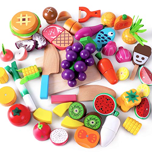 iPlay, iLearn Wooden Play Food Toy, Kids Wood Cutting Magnetic Fruit Vegetables, Toddler Cooking Pretend Play Kitchen Food Set, Montessori Educational Birthday Gift for Age 3 4 5 6 7 Year Old Girl Boy