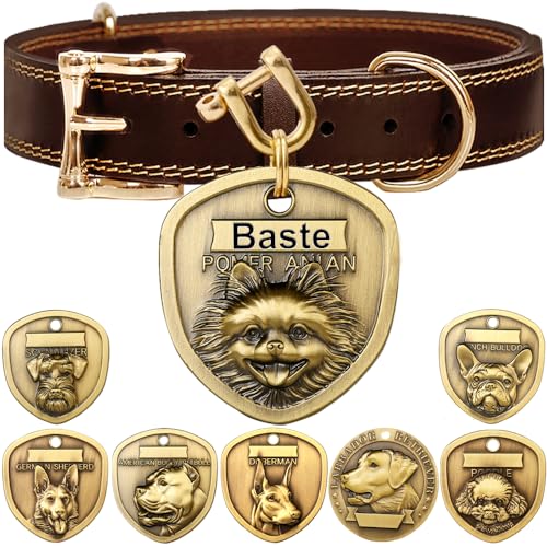 ZQDJ Genuine Leather Dog Collar+3D Embossed Pomeranian Dog Tag Set（XS-S）