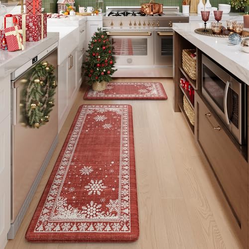 KIMODE Christmas Kitchen Mats for Floor Anti Fatigue, Boho Red Snow Kitchen Rugs Sets of 2, Memory Foam Kitchen Mats for Floor, Christmas Kitchen Decor for Sink Laundry Office Desk 17"x47"+17"x29"