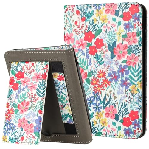 MonsDirect for 6" Kindle Paperwhite 5/6/7th Generation Case 2012,2013,2015,2016 Version (Model: EY21 / DP75SDI), PU Leather Stand Hard Cover, Auto Wake/Sleep with Hand Strap & Card Slot, Floral