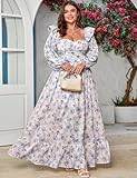 EYWOL Plus Size Dresses for Curvy Women Long Sleeve Maxi Vintage Dress Smocked Blue Floral Dress for Women Long Dresses Baptism