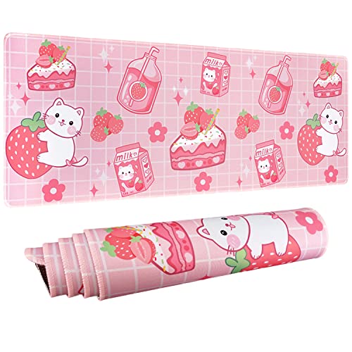 Logieut Kawaii Gaming Mouse Pad, Extended Large Cat Strawberry Milk, Pink, 31.5 X 11.8 Inch