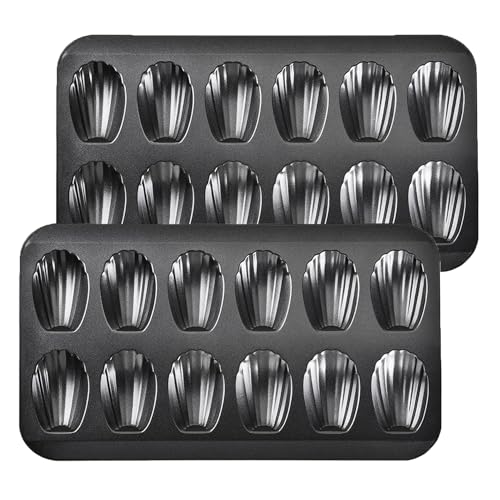 Madeleine Pans for Baking (2-Pack) 12 cup Madlen Mold Makes Shell Shape Cake Cookies Nonstick Carbon Steel Madeline Tray for Oven Black