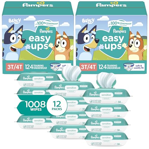 Pampers Easy Ups Pull On Training Underwear Boys, 3T-4T, 2 Month Supply (2 x 124 Count) with Sensitive Water Based Baby Wipes 12X Multi Pack Pop-Top and Refill (1008 Count)