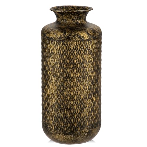 Flower Vase Rustic Metal Vase, 14" Black and Gold Pattern Vase for Farmhouse Home Décor Artificial Flowers and Centerpieces