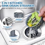 Upgraded 3in1 Kitchen Sink Drain Strainer & Sink Stopper, Stainless Steel Kitchen Drain Plug & Cover with Anti-Clogging Basket Strainer, Fit US Standard 3-1/2'' Sink Drain Hole, Silver