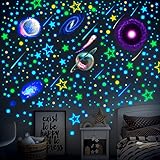 495 Pieces Glow in The Dark Moons and Stars Wall Decals for Ceiling, Removable Glowing Stars and Planets Wall Decal Sticker Glow in The Dark Galaxy Ceiling Decor for Bedroom Living Room Nursery