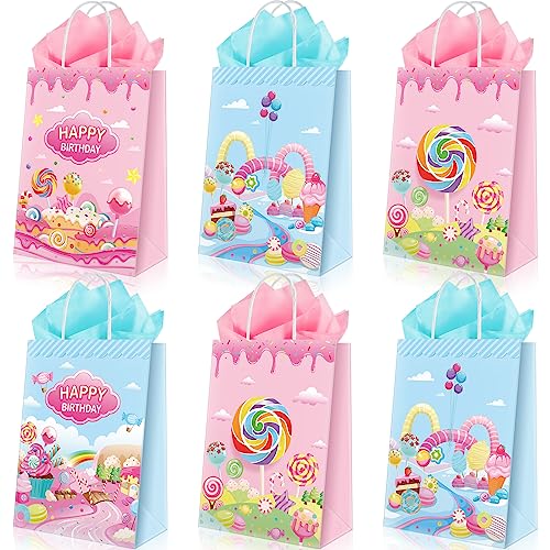 Seajan 20 Pcs Candy Paper Gift Bags with Tissue Lollipop Goodie Paper Bags Sweet Donut Ice Cream Party Favors for Candy Themed Birthday Baby Shower Party Supplies