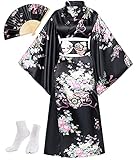 Japanese Anime Women's Long Kimono Robe Fancy Dress Hand Held Silk Folding Fans Tabi Socks Set Black