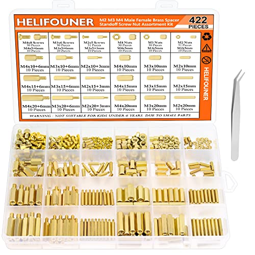 HELIFOUNER 422 Pieces M2 M3 M4 Male Female Hex Brass Spacers Standoffs Screws Nuts Assortment Kit, Threaded Pillar for Printed Circuit Board Motherboard