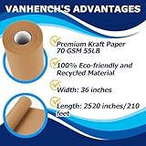 Vanhench 36"x 2520" (210') Brown Kraft Paper Roll, Craft Paper, Wrapping Paper for Bulletin Board Paper Roll Art Craft Bouquet Flower Table Covering Poster Packing Shipping Moving Supplies 70GSM 50LB