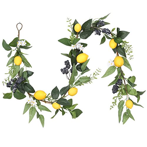 FairyLee 6 FT Artificial Lemon Garland for Front Door, Spring Garland with Lemons White Flowers Blueberry & Green Leaves Summer Fruit Garland for Mantel Fireplace Table, Wedding Home Party Decor