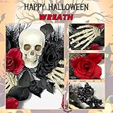 Halloween Skull Wreath with Hands, Red and Black Artificial Roses and Plants, 16 Inch Gothic Garland Creepy Decor for Home Front Door and Window