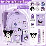 Ensccant Backpack for Girls with Accessories - Anime Schoolbag Cartoon Backpack Laptop Bookbags Anti-Theft Travel Aesthetic New Semester Gifts Bag with Plush Doll, Pins, Stationery - Purple