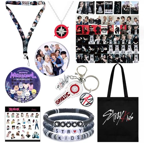 WELLRI StrayKids Kpop Merch Gifts Set, Including SKZ Photocards, Canvas Bag, Necklace, Keychain, Bracelet, Stickers, ID Phone Lanyard, Badge for Concert Accessories Stay Fans