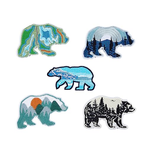 HOBBIESAY 5Pcs 5 Style Bear Applique Patch Iron On Embroidered Patches Outdoor Nature Patch Cute Animal Patch for Craft Sewing Clothes Hats Backpacks Bag Pants Shirts Shoes