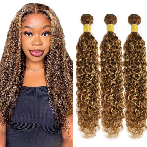Ombre Human Hair Bundles P4/27 Bundles Human Hair Blonde Highlights Weave 14 16 18 Inch Honey Brown Bundle Brazilian Virgin Remy Hair Extensions Double Weft