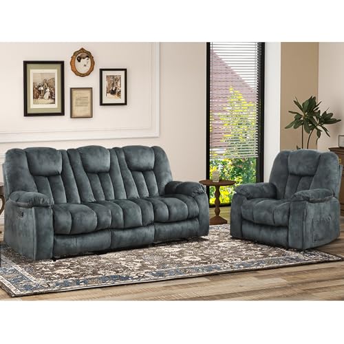 EBELLO 2 Piece Reclining Living Room Set, Soft Fabric Manual Recliner Sofa Furniture Set, Included Recliner Chair with Massage and Heat and 3 Seat Recliner Sofa, Green Grey(Recliner+Sofa)