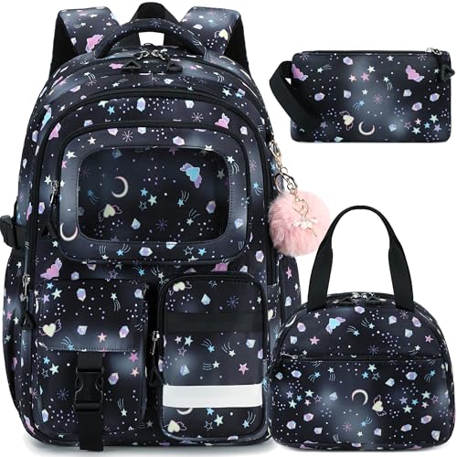 AO ALI VICTORY Backpack for Girls with Lunch Bag Pencil Case Kids School Bags for Kindergarten Elementary Middle Primary Schoolbag Cute 16 inch Laptop Bookbag Students 3 PCS Cute Bookbag, Black Set