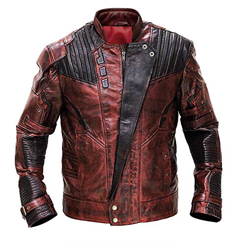 Spazeup Men's Guardians Distressed Red Maroon Leather - Peter Quill Star Lord Coat, Galaxy Real Leather Jacket, Large