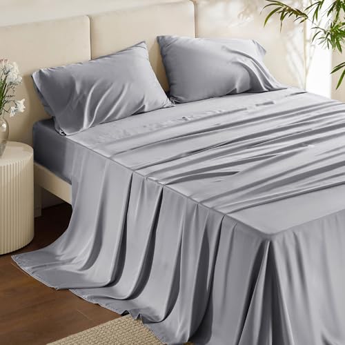 Bedsure Queen Sheets, Rayon Derived from Bamboo, Queen Cooling Sheet Set, Deep Pocket Up to 16", Breathable & Soft Bed Sheets, Hotel Luxury Silky Bedding Sheets & Pillowcases, Silver Grey