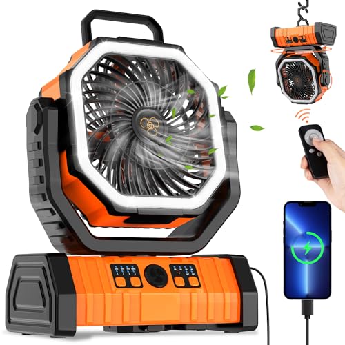 Camping Fan Rechargeable, 20000mAh Large Battery Powered Fan, 4 Speed Rechargeable Fan Portable with Remote, Battery Operated Fan with LED Light and Hanging Hook, Cordless Fan for Tent Picnic Outdoor