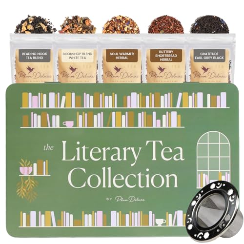 Literary Tea Collection Assorted Tea Gift Set - Hand-Crafted Loose Leaf Teas, Presentation Gift Box with Loose Leaf Steeper Included - Mixed Caffeine - 5 Unique and Flavorful Teas, 75+ Cups
