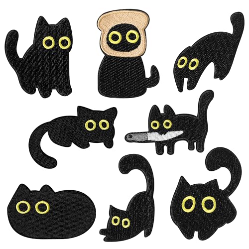 8 Pcs Black Cat Iron On Patches Funny Meme Cute Cartoon Animals with Knife Bread Sew on Repair Embroidered Applique Aesthetic Kitten DIY Crafts Accessories Gifts for Pet Lovers Clothing Backpack Hat